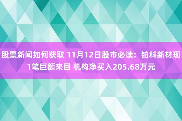 股票新闻如何获取 11月12日股市必读：铂科新材现1笔巨额来回 机构净买入205.68万元